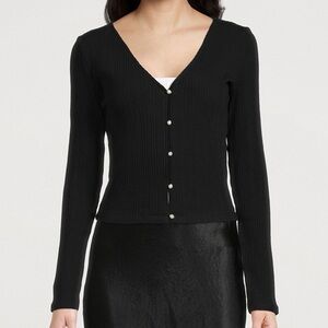Vince XL Black Ribbed Pearl-Button Cardigan